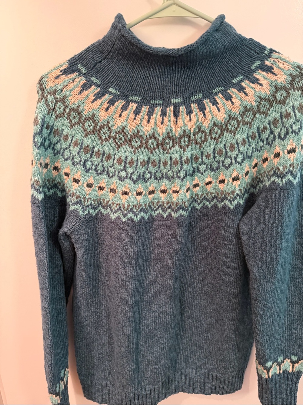 L.L.Bean Vintage Fair Isle Sweater 100% Cotton Blue Teal Size M - Picture 4 of 6